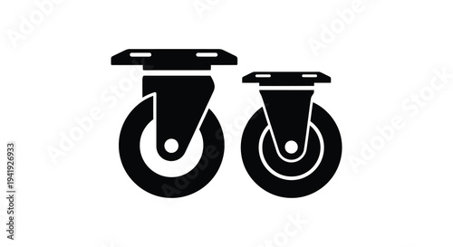 Two black casters one larger and one smaller are displayed in a stark silhouette high quality