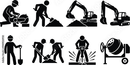 Construction Worker Silhouette Vector Set, Industrial Builder Icons, Heavy Machinery and Laborer Graphics