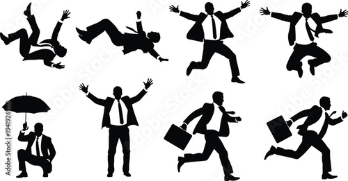 Businessman silhouette collection with dynamic poses, running, jumping, falling, umbrella, briefcase, urgency, corporate life, action, emotion, professional activity, motion illustration
