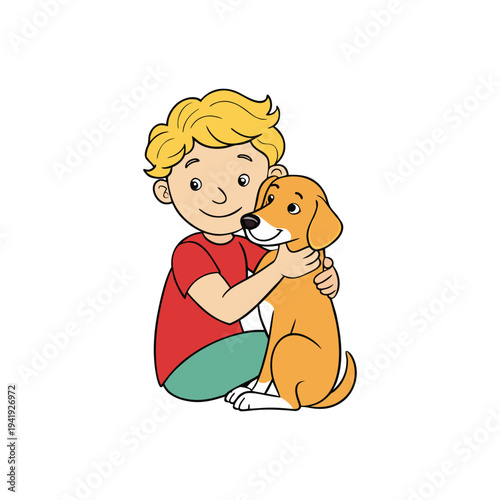 Boy hugging happy dog with green shorts and red shirt