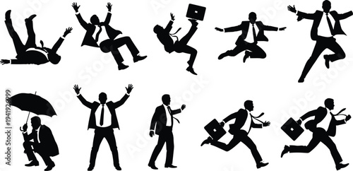 Business silhouettes in dynamic poses showing success, urgency, teamwork, protection, communication, motivation, corporate lifestyle, vector illustration for professional themes