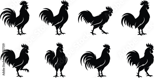 Rooster Silhouette Vector Collection, Black Chicken Icon Set, Farm Animal Poultry Graphics