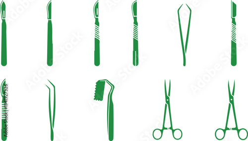 Collection of various medical and surgical instruments illustrated in green isolated on transparent background