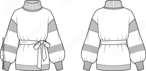 Technical flat sketch of women's belted turtleneck sweater with balloon sleeves and ribbed trim