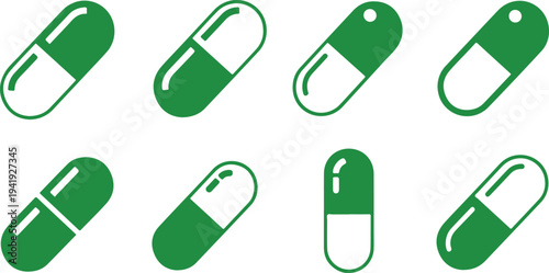 Set of eight green capsule pill icons displayed in two rows of four isolated on transparent background