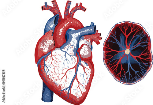 Vector illustration of human heart anatomy with blood vessels