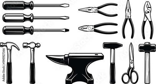Collection of black and white workshop hand tool vector illustrations including anvil and hammers