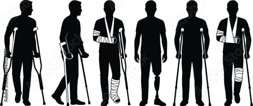 Silhouettes of injured men with crutches, arm slings, leg casts, and prosthetic limbs