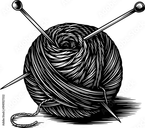Black and white of a ball of yarn with knitting needles a white background craft