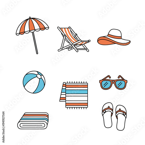 Colorful assortment of summer beach and leisure items in a minimalist style illustration