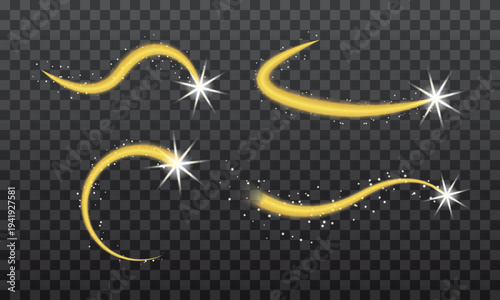 Set of golden glowing light trails with sparkling stars and glitter on transparent background