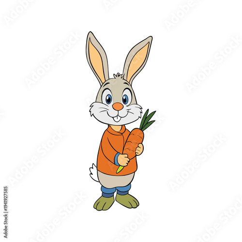 Cartoon rabbit character holding carrot wearing orange jacket drawing