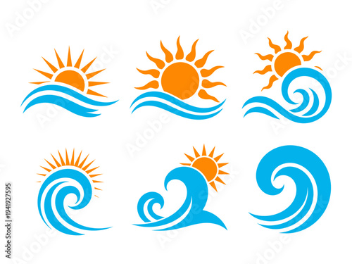 Collection of stylized sun and ocean wave in blue and orange water