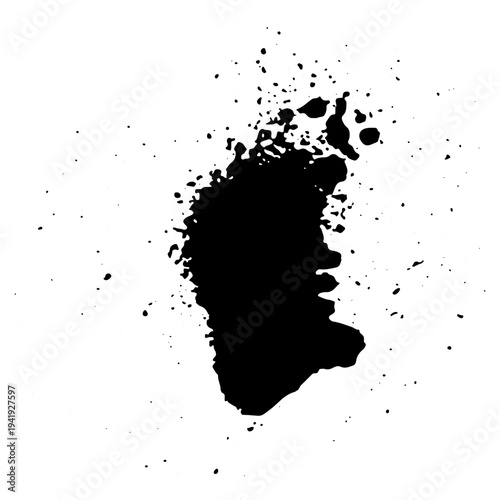 Black ink splatter with scattered drops and spray effect resembling aerosol paint. Grunge style vector illustration of liquid splash isolated on white background.