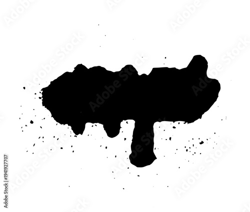 Black ink splatter with scattered drops and spray effect resembling aerosol paint. Grunge style vector illustration of liquid splash isolated on white background.