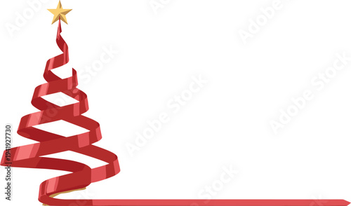 Minimalist Christmas tree illustration made from red ribbon with golden star, festive holiday artwork for seasonal decoration, greeting cards, winter celebration, and creative commercial projects