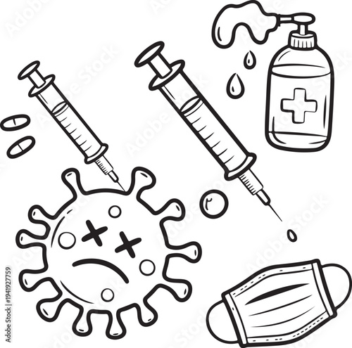 Black and white of medical and a sad virus with a mask and hand sanitizer syringe needle