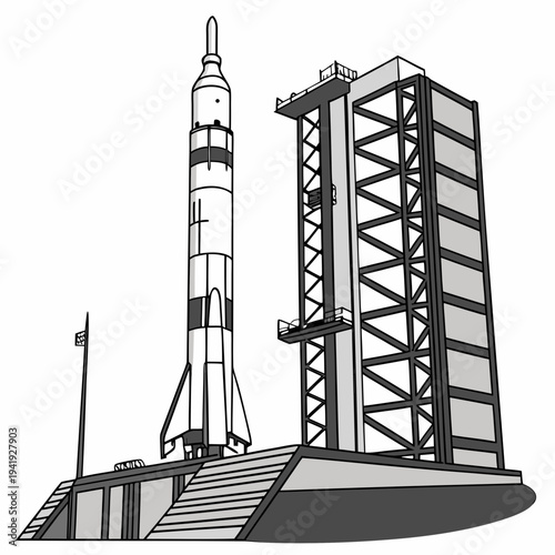 Rocket on launchpad with tower spacecraft launch site