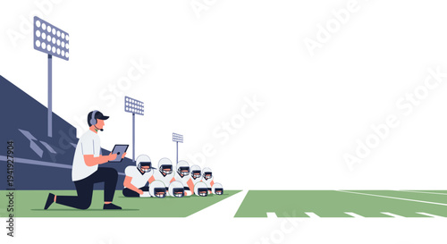American football coach and team planning strategy on field illustration