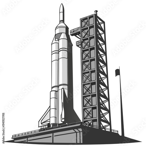 Rocket on launchpad with service tower and flag space