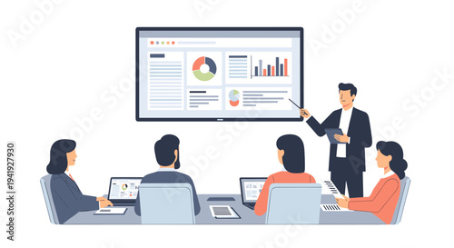 Business meeting presentation with team analyzing data charts in modern office setting