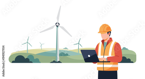 Engineer with laptop planning wind energy project in modern landscape with wind turbines