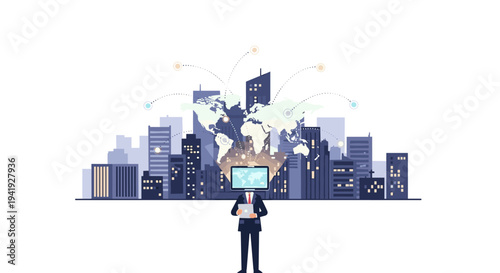 Global connectivity and urban technology concept with businessman and digital world map