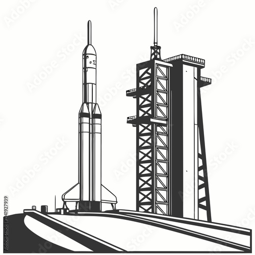 Rocket on launchpad with service tower spacecraft space 1