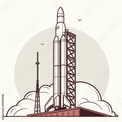 Rocket on launchpad with tower and clouds spacecraft
