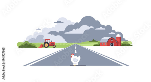 Flat farm landscape with chicken, red barn, and tractor on countryside road
