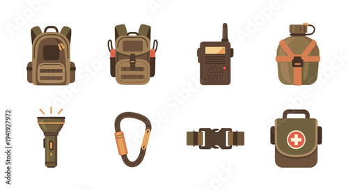 Camping and hiking equipment icons set: backpacks, flashlight, and first aid kit in flat style