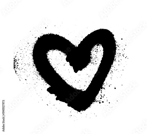 Black spray paint splash forming heart shape with rough edges and scattered droplets. Grunge ink illustration isolated on white background.
