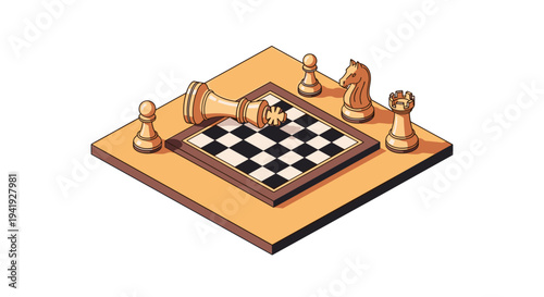 Isometric chess board with pieces on wooden platform