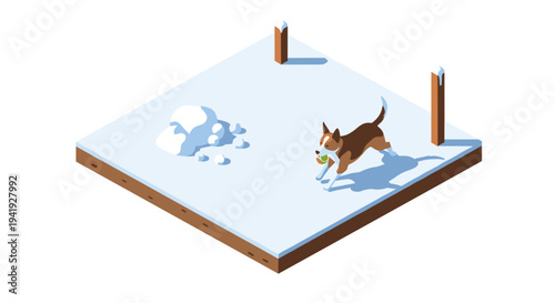 Isometric dog playing on snowy field with ball in winter scene