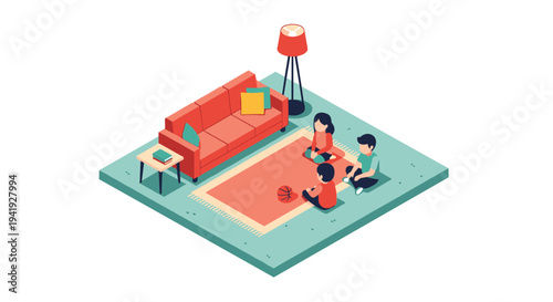 Isometric living room scene with children playing and red sofa