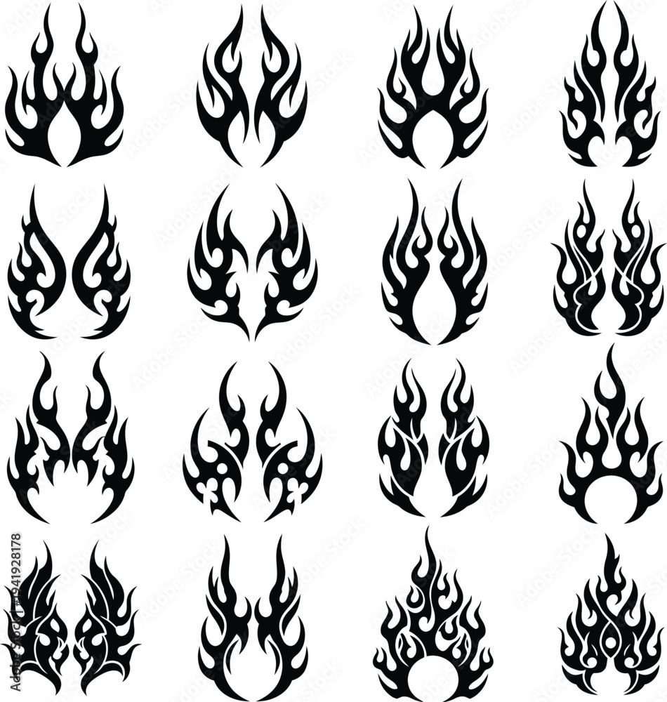 Naklejka premium Tribal Flame Tattoo Designs Set. Fire Tattoo Art Element Vector