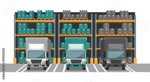 Modern warehouse distribution with delivery trucks and cargo