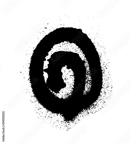 Circular spiral ink splash with rough edges and scattered droplets. Grunge vector illustration of spray paint spiral isolated on white background.