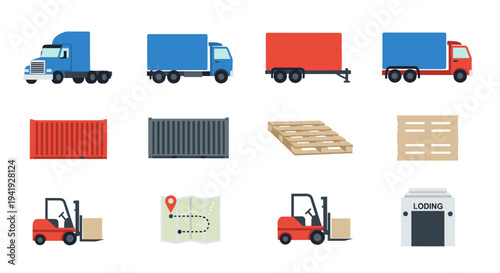 Flat transport and delivery icons set for logistics and shipping