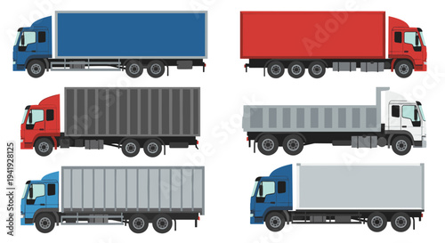 Colorful collection of cargo trucks side view