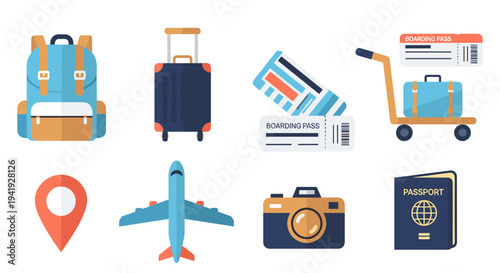Travel essentials set featuring flat icons of luggage, passport, and boarding passes