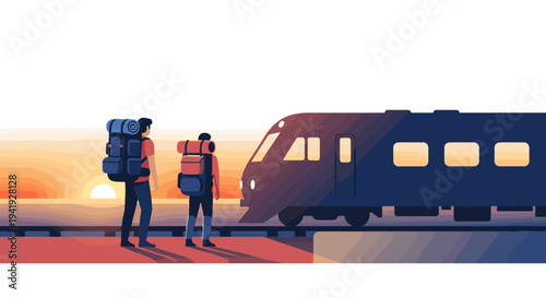 Travel adventure with train: backpackers at sunset railway station in flat design