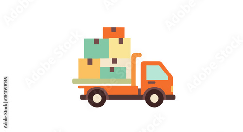 Colorful delivery truck carrying stacked boxes on white background