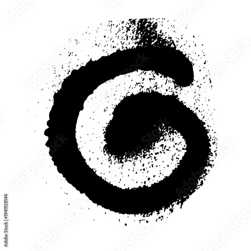 Circular spiral ink splash with rough edges and scattered droplets. Grunge vector illustration of spray paint spiral isolated on white background.
