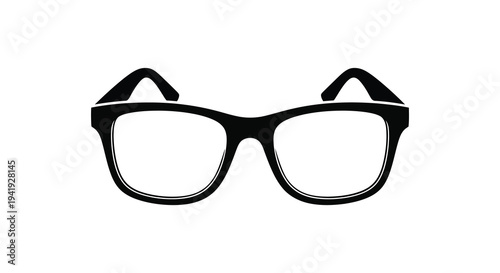 A stark black eyeglasses frame is prominently displayed against a plain white background silhouette high quality