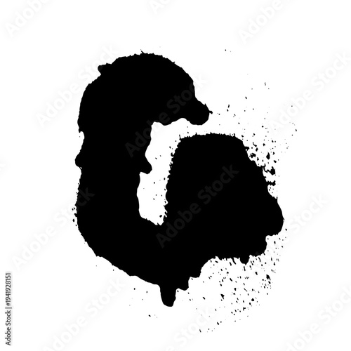 Black ink splash shaped like letter G with spiral form and scattered droplets. Grunge vector illustration of paint stain isolated on white background.