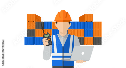 Shipping logistics professional with laptop and containers in background