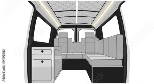 Spacious interior of a modern camper van with minimalist design