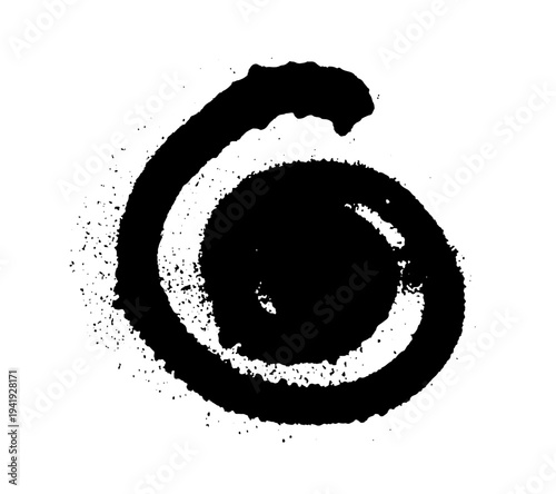 Circular spiral ink splash with rough edges and scattered droplets. Grunge vector illustration of spray paint spiral isolated on white background.