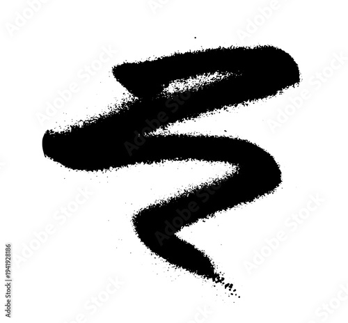 Black spray paint stroke shaped like letter Z with rough edges and aerosol splatter. Grunge vector illustration of paint line isolated on white background.
